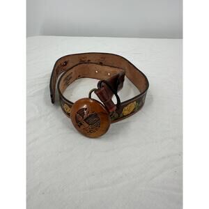 Vintage Hand Tooled Womens Belt Brown Yellow Roses Western Wooden Buckle Cowgirl